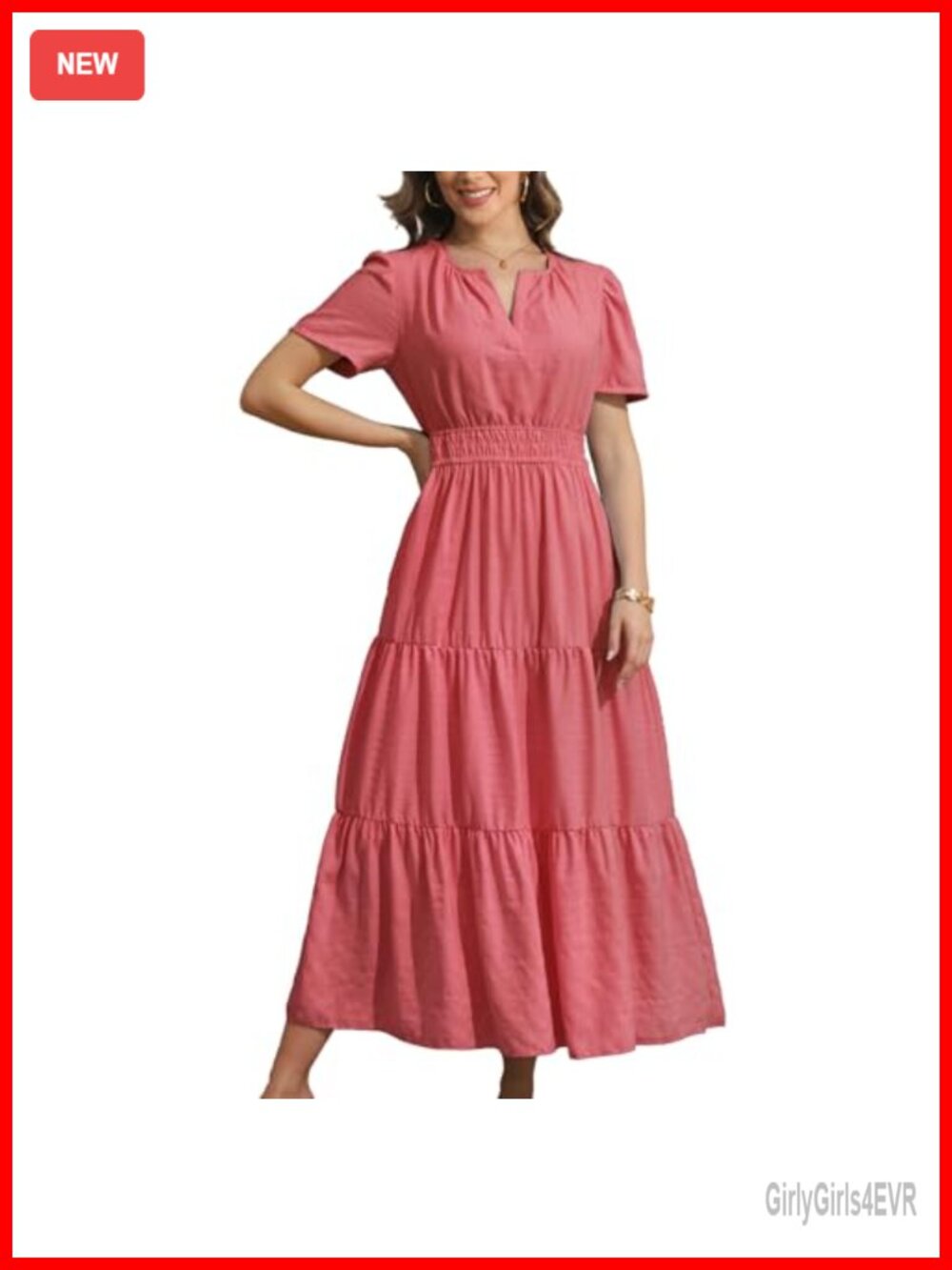 Maxi Dress Short Sleeve V-Neck Elastic Waist Fit and Flare with Pockets
